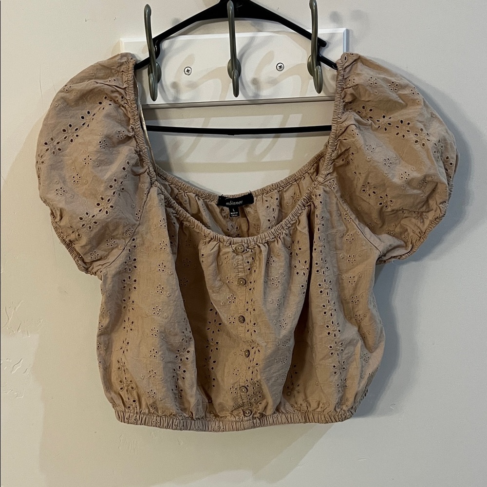 Ambiance Beige Eyelet Puff Sleeve Blouse